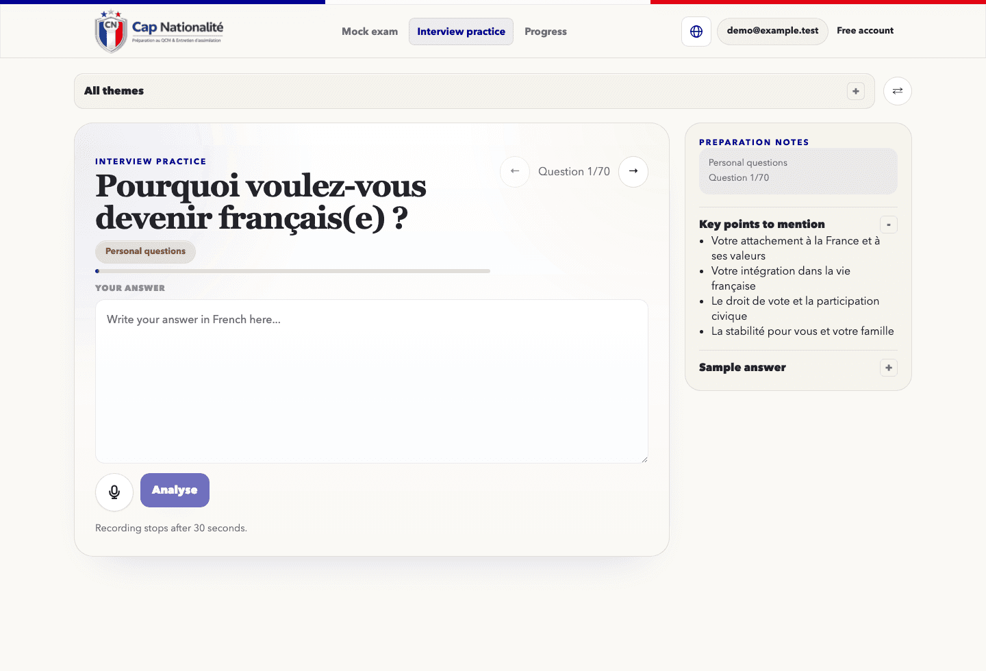 Cap Nationalité account screenshot showing interview preparation.