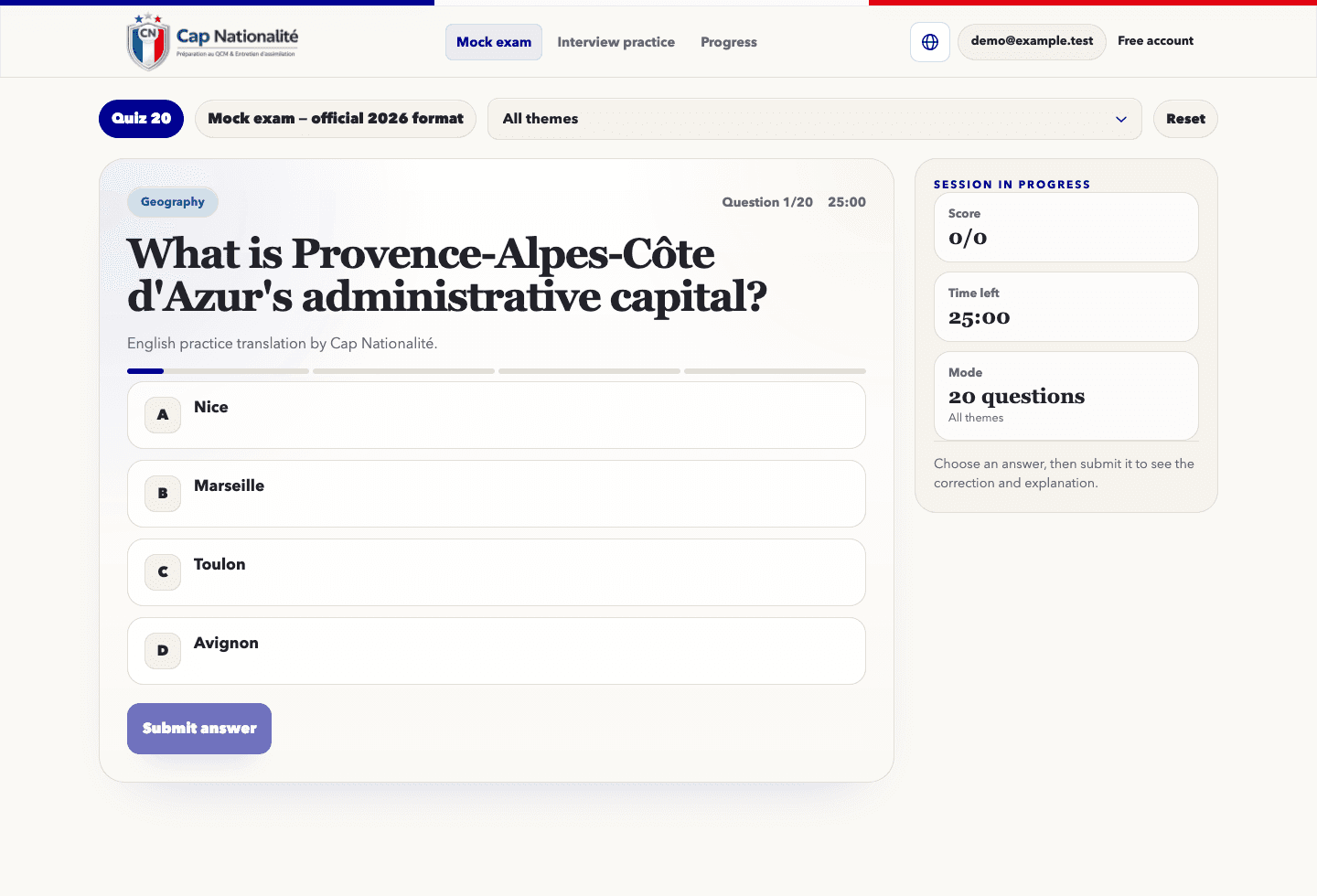Cap Nationalité account screenshot showing a 40-question mock exam.