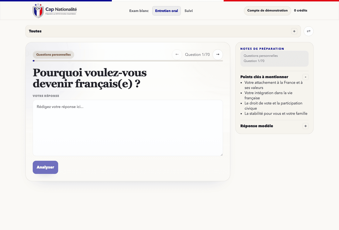 Capture de l'espace connecté Cap Nationalité montrant la préparation de l'entretien oral.