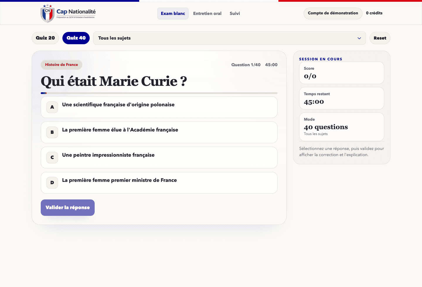 Capture de l'espace connecté Cap Nationalité montrant un examen blanc de 40 questions.